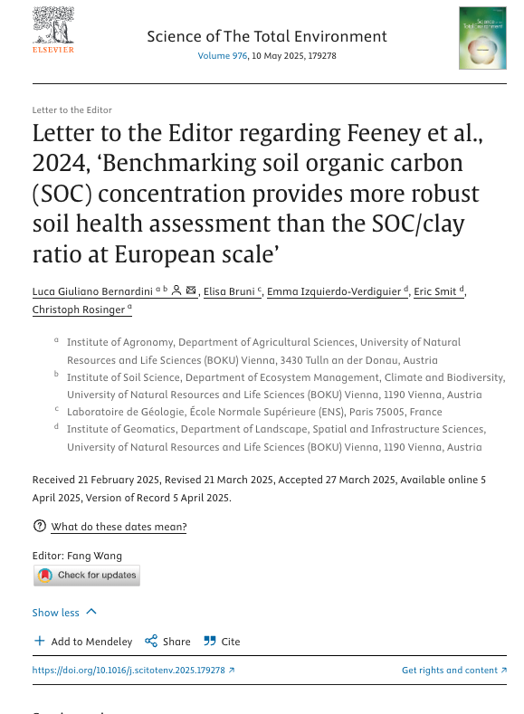 Image for Letter to the Editor regarding Feeney et al., 2024, ‘Benchmarking soil organic carbon (SOC) concentration provides more robust soil health assessment than the SOC/clay ratio at European scale’